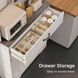71" H Pantry Cabinet with Charging Station & LED Lights, Asofer Tall Farmhouse Kitchen Storage Cabinet，Modern Coffee Bar with Doors and Drawers, for Dining Room,Gray