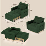 Sofa Bed Chair Convertible, Sleeper Chair with Pull-Out Bed, 3-in-1 Futon Couch with Reclining Backrest and Side Pocket, Green