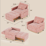 Sofa Bed Chair Convertible, Sleeper Chair with Pull-Out Bed, 3-in-1 Futon Couch with Reclining Backrest and Side Pocket, Pink