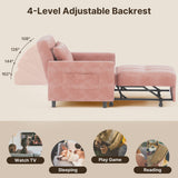 Sofa Bed Chair Convertible, Sleeper Chair with Pull-Out Bed, 3-in-1 Futon Couch with Reclining Backrest and Side Pocket, Pink