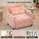 Sofa Bed Chair Convertible, Sleeper Chair with Pull-Out Bed, 3-in-1 Futon Couch with Reclining Backrest and Side Pocket, Pink