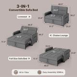 Sofa Bed Chair, Asofer 3-in-1 Convertible Sleeper Sofa with Storage, Adjustable Backrest for Small Space, Apartment, Dark Grey