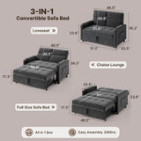 Sofa Bed Chair, Asofer 3-in-1 Convertible Sleeper Sofa with Storage, Adjustable Backrest for Small Space, Apartment, Velvet Grey