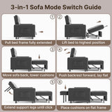 Sofa Bed Chair, Asofer 3-in-1 Convertible Sleeper Sofa with Storage, Adjustable Backrest for Small Space, Apartment, Velvet Grey
