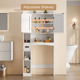 Over The Toilet Storage Cabinet with 2 Doors, Paper Holder and Racks, Adjustable Shelf, Bottom Bar, for Bathroom, Laundry - White