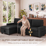 80" Convertible Sleeper Sofa Bed, Asofer Pull Out Couch with Reversible Storage Chaise, 3-Seater Sectional Couches for Small Space, Apartment & Living Room, Black