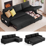 80" Convertible Sleeper Sofa Bed, Asofer Pull Out Couch with Reversible Storage Chaise, 3-Seater Sectional Couches for Small Space, Apartment & Living Room, Black