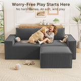 80" Loveseat Sectional Sofa, Asofer L-Shaped Corduroy Upholstered Couch With Ottoman for Living Room, No Assembly Boneless Sofa, Black
