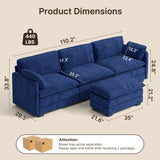 110" Sectional Sofa With Washable Cover, Comfy 3 Seater L-Shaped Corduroy Fabric Couch with Reversible Ottoman & Deep Seat for Apartment,Blue