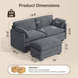 74.8" Sectional Sofa With Washable Cover, Comfy 2 Seater L-Shaped Corduroy Fabric Couch with Reversible Ottoman & Deep Seat for Apartment,Dark Gray