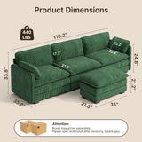 110" Convertible Sectional Couches Sofa, 3 Seat L Shaped Couch with Combination Movable Ottoman abd Double Layer Cushions, Corduroy Fabric Small Couches for Living Room, Apartment and Small Space - Green