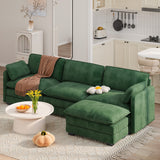 110" Convertible Sectional Couches Sofa, 3 Seat L Shaped Couch with Combination Movable Ottoman abd Double Layer Cushions, Corduroy Fabric Small Couches for Living Room, Apartment and Small Space - Green