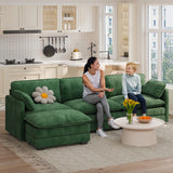 110" Convertible Sectional Couches Sofa, 3 Seat L Shaped Couch with Combination Movable Ottoman abd Double Layer Cushions, Corduroy Fabric Small Couches for Living Room, Apartment and Small Space - Green
