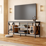 Mid-Century Wooden TV Stand for TVs up to 65" with Open Storage Shelves and Metal Frame - Black