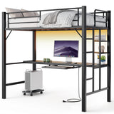 Jolifa Twin Loft Bed with Desk, Power Outlets & LED Lights, Heavy-Duty Metal Frame Bunk Bed with Storage Shelves for Small Space, Kids & Teens