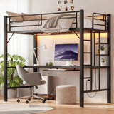Asofer Twin Metal Loft Bed Frame w/Desk & CPU Station, Charging & RGB Lights, Safety Rails - Black