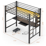 Asofer Twin Metal Loft Bed Frame w/Desk & CPU Station, Charging & RGB Lights, Safety Rails - Black