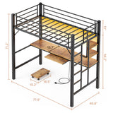 Asofer Metal Loft Bed Twin Size, Bunk Bed with Desk, Charging Station, LED Lights and CPU Station, 13" H Safety Guardrail, Retro