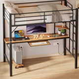 Asofer Twin Metal Loft Bed Frame w/Desk & CPU Station, Charging & RGB Lights, Safety Rails - Black Retro