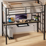 Asofer Twin Metal Loft Bed Frame w/Desk & CPU Station, Charging & RGB Lights, Safety Rails - Black