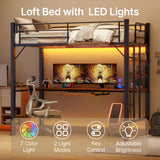 Asofer Twin Metal Loft Bed Frame w/Desk & CPU Station, Charging & RGB Lights, Safety Rails - Black Retro