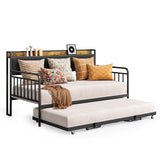 Daybed with Trundle, Asofer Metal Twin Bed Frame with Upholstered Storage Headboard & Charging Station, Grey