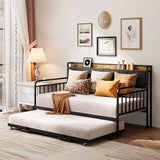 Daybed with Trundle, Asofer Metal Twin Bed Frame with Upholstered Storage Headboard & Charging Station, Grey