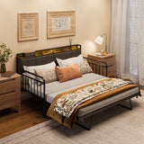 Daybed with Trundle, Asofer Metal Twin Bed Frame with Upholstered Storage Headboard & Charging Station, Grey
