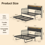 Daybed with Trundle, Asofer Metal Twin Bed Frame with Upholstered Storage Headboard & Charging Station, Grey