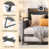 Daybed with Trundle, Asofer Metal Twin Bed Frame with Upholstered Storage Headboard & Charging Station, Grey