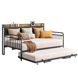 Asofer Full Upholstered Daybed with Trundle, Convertible Sofa Bed, Charging Station, Lockable Wheels & Storage Headboard, Gray