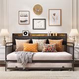 Asofer Full Upholstered Daybed with Trundle, Convertible Sofa Bed, Charging Station, Lockable Wheels & Storage Headboard, Gray