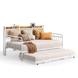 Asofer Full Upholstered Daybed with Trundle, Convertible Sofa Bed, Charging Station, Lockable Wheels & Storage Headboard, White