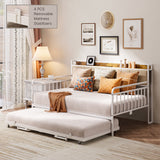 Asofer Full Upholstered Daybed with Trundle, Convertible Sofa Bed, Charging Station, Lockable Wheels & Storage Headboard, White