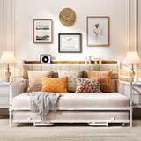 Asofer Full Upholstered Daybed with Trundle, Convertible Sofa Bed, Charging Station, Lockable Wheels & Storage Headboard, White