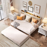 Asofer Full Upholstered Daybed with Trundle, Convertible Sofa Bed, Charging Station, Lockable Wheels & Storage Headboard, White