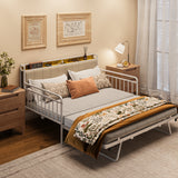 Asofer Full Daybed, Trundle & Metal Frame with Upholstered Storage Headboard & Charging Station, White