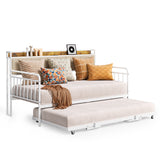 Asofer Twin Upholstered Daybed with Trundle, Convertible Sofa Bed, Charging Station, Lockable Wheels & Storage Headboard, White