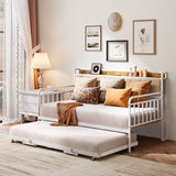 Daybed with Trundle, Jolifa Sturdy Metal Twin Size Bed Frame with Charging Station, Height Adjustable Day Bed Pop Up Trundle Bed Twin for Living Room, White