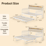 Asofer Twin Upholstered Daybed with Trundle, Convertible Sofa Bed, Charging Station, Lockable Wheels & Storage Headboard, White