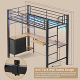 Asofer Twin Loft Bed Frame w/L-Shaped Desk, RGB Lights & Charging, Safety Rails & Shelves - Black Retro