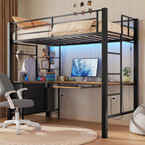 Asofer Twin Loft Bed Frame w/L-Shaped Desk, RGB Lights & Charging, Safety Rails & Shelves - Black Retro