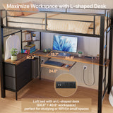 Asofer Twin Loft Bed Frame w/L-Shaped Desk, RGB Lights & Charging, Safety Rails & Shelves - Black Retro