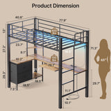 Asofer Twin Loft Bed Frame w/L-Shaped Desk, RGB Lights & Charging, Safety Rails & Shelves - Black Retro
