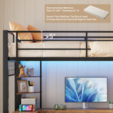 Asofer Twin Loft Bed Frame w/L-Shaped Desk, RGB Lights & Charging, Safety Rails & Shelves - Black+Retro