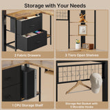 Asofer Twin Loft Bed Frame w/L-Shaped Desk, RGB Lights & Charging, Safety Rails & Shelves - Black Retro