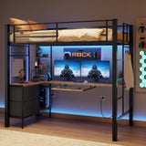 Asofer Twin Loft Bed Frame w/L-Shaped Desk, RGB Lights & Charging, Safety Rails & Shelves - Black Retro