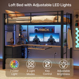 Asofer Twin Loft Bed Frame w/L-Shaped Desk, RGB Lights & Charging, Safety Rails & Shelves - Black+Retro