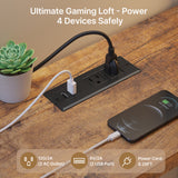 Asofer Twin Loft Bed Frame w/L-Shaped Desk, RGB Lights & Charging, Safety Rails & Shelves - Black Retro