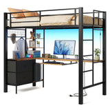Asofer Twin Loft Bed Frame w/L-Shaped Desk, RGB Lights & Charging, Safety Rails & Shelves - Black Retro